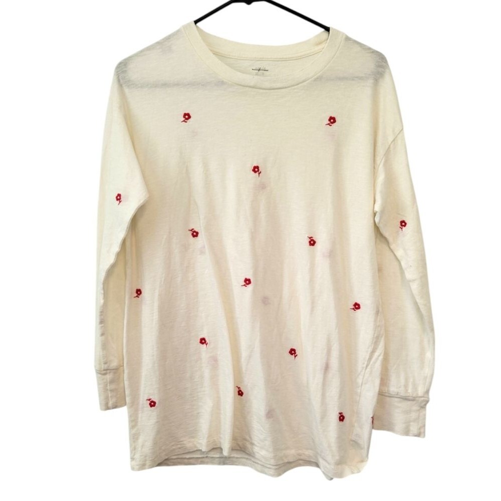 Aerie Oversized Floral Embroidered Long Sleeve T-Shirt Size XS Cream & Red